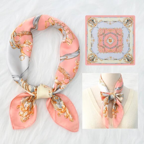 2/$30 Pink & Blue Baroque Silk Scarf Vintage Square Satin Neck Scarf Wrap - Picture 7 of 7